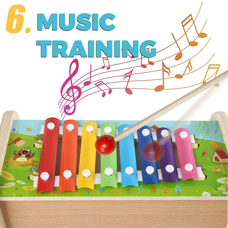 Lernspielzeug aus holz mit hammerfunktion, angelspiel, xylophon, beweglichen zahnrädern und uhr zur förderung der feinmotorik