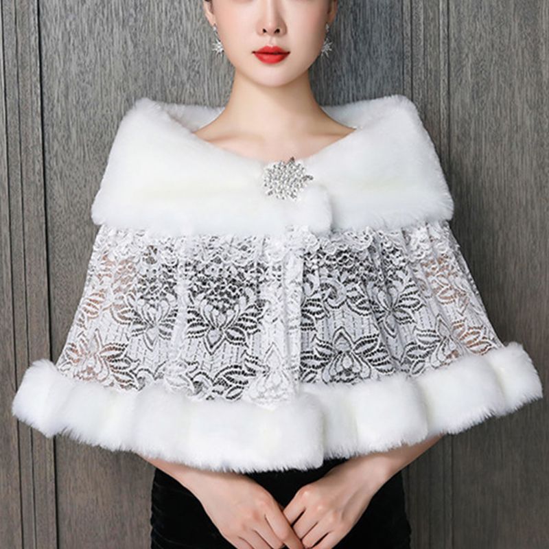 Kvinder vinter brudekjole tørklæde stoles varmt sjal wrap fluffy plys splejsning brude bolero hæklet blomster blonder gallafest cover