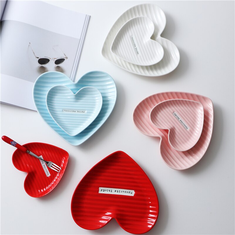Plato de cerámica en forma de corazón rojo/Blanco/rosa/azul, plato para desayuno, plato para pastel, postre, aperitivo, decoración de plato glaseado