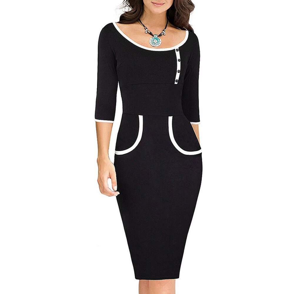 Nice-forever Vintage contraste couleur Patchwork robes de bureau affaires moulante ajusté femmes robe G623: Black / S