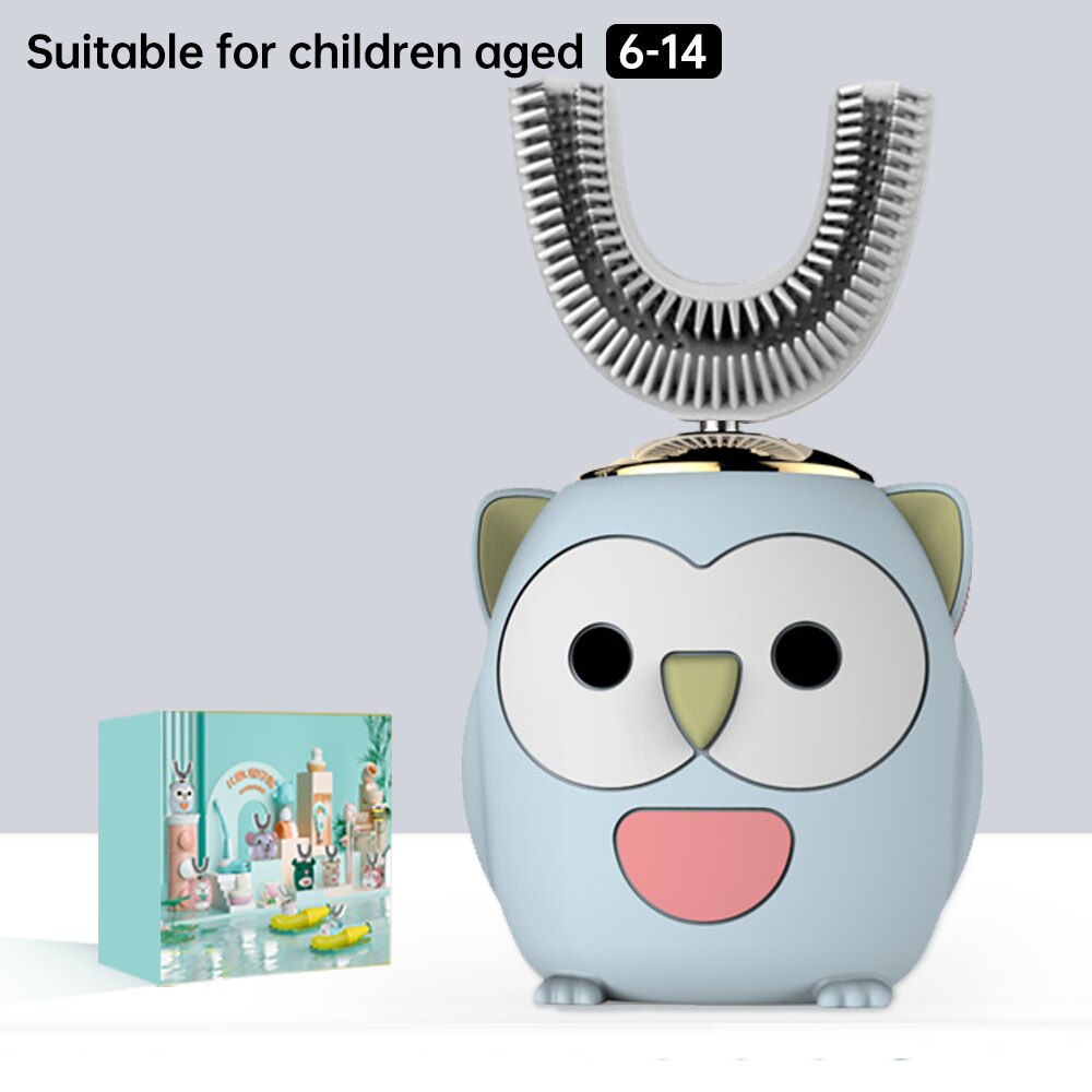 Smart 360 Degress U Sonic Electric Toothbrush Kids Silicone Automatic Ultrasonic Tooth Brush Children Blue Light Teeth Brush: Owl Gray 6-14
