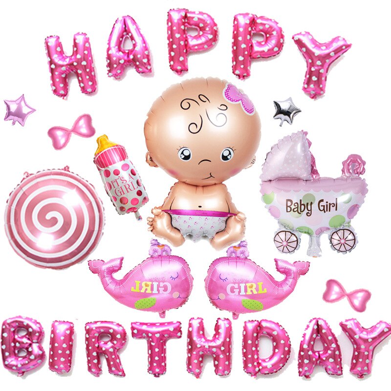 Balloon combination children's birthday party decoration happy birthday letter package three layer cake aluminum film aluminum f: Pink