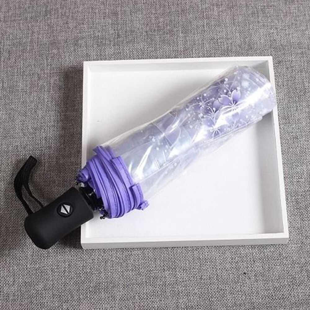 Paraguas transparente automático de lluvia para mujer, paraguas femenino de 3 etapas con 8 costillas, rosa, Morado, azul y verde, con imagen: Automatic Purple