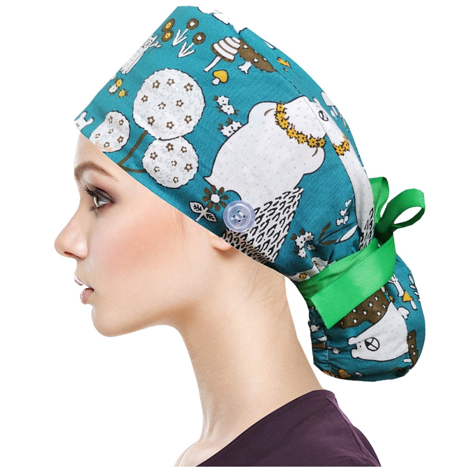 25# 3PC Unisex Adjustable Working Nursing Cap gorro quirófano Button Long Hair Sweatband Hat nurse Cap Cartoon print Gourd hat: M
