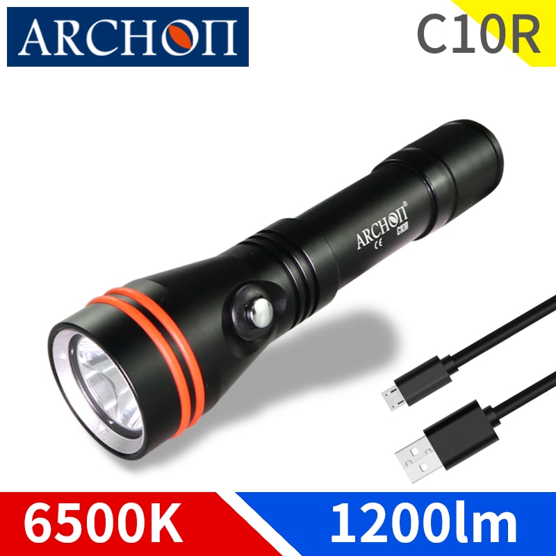 Linterna de buceo arcon C10R, linterna de buceo con carga USB, chip LED CREE de 1200 lúmenes, impermeable, lámpara de iluminación para buceo de 100m