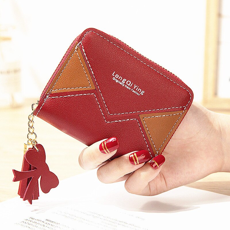 stitching color card clip change small wallet ladies short zipper tassel wallet mini coin purse: Red