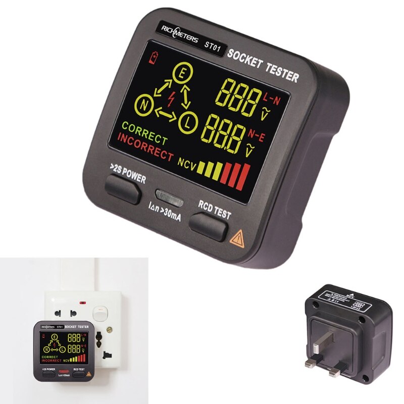 ST01 Receptacle Tester Power Circuit Analyzer Wall Plug Leakage Tester Electrical Circuit Braker Finder LCD 3 Results: UK Plug