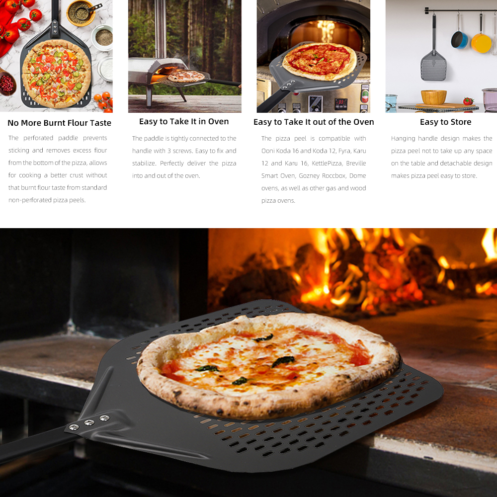 10 12 13 14 16 tommers stor pizzaspade med perforert spade, kort håndtak til ovn, snuing, skrell, kjøkkenverktøy, nonstick pizzabaking