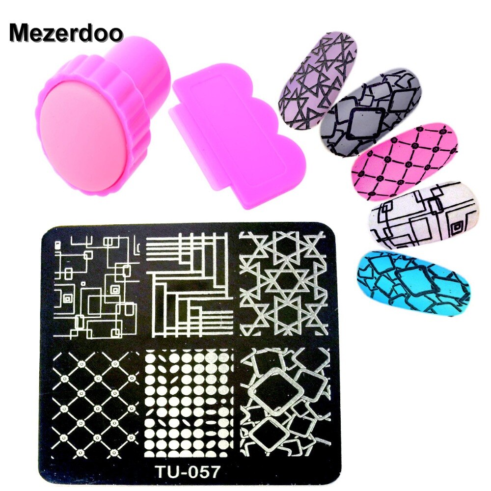 Nail Stempelen Platen Vierkante Rvs Image Plates + Roze Nail Art Print Stempel Stamping Sets M96