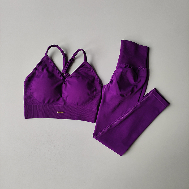 Nahtloser Yoga-Anzug, Hüftheben, Fitness-Anzug, Damen-Sport-BH, Yoga-Anzug, schnell trocknend, Sport, hohe Fett, enge Yoga-Gamaschen, Fitnessstudio-einstellen: L / Lila