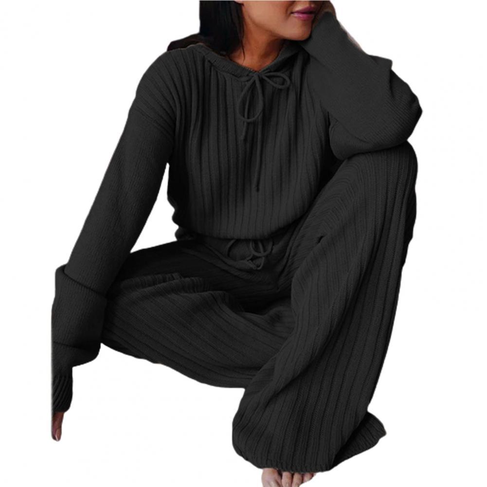Chándal Vintage de pierna ancha para mujer, traje informal, largo hasta el suelo, informal con capucha, Otoño e Invierno: 2XL / Black