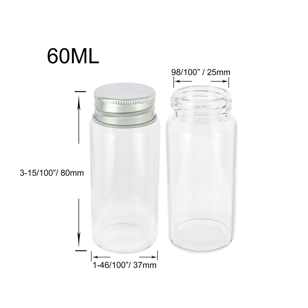 6Pc 25Ml 30Ml 40Ml 50Ml 60Ml 70Ml 80Ml 90Ml Mini Glas clear Fles Met Zilveren Schroef Aluminium Cap Voedsel Container Potten Flesjes: 60ml