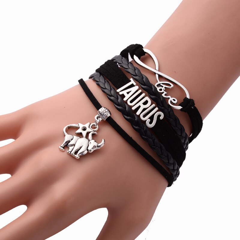 Mænd kvinder 12 stjernebillede stjernetegn fletning reb læder horoskop armbånd fødselsdag smykker: Tyr