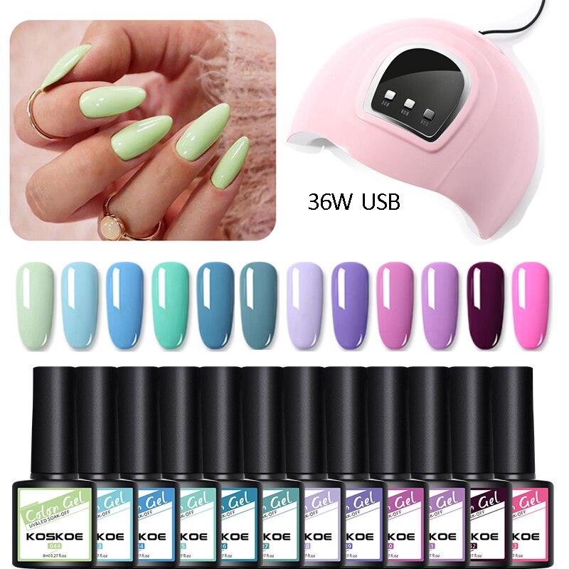Koskoe neglesæt gel lak sæt kit 8/10/12/14/16 uv led farve gel negle lak kit med negle lampe negle kunst dekorations værktøj: 36w 12 farver sæt 16