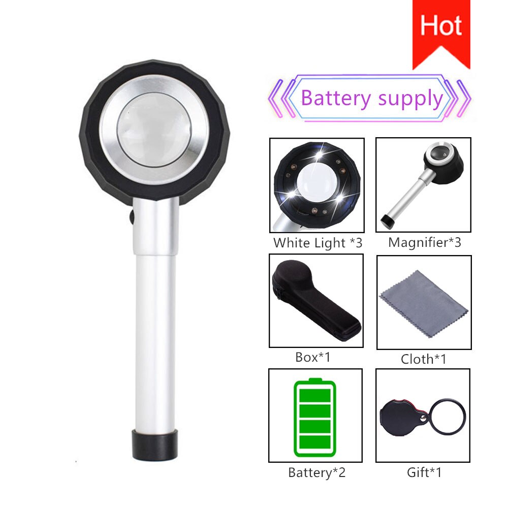 Lupa portátil de mano con luz LED UV 45X, dermatoscopio, mango, báscula de medida de visión clara y suave, lupa de vidrio óptico ,gafas aumento,lentes aumento con luz,pantalla 3d para movil: B