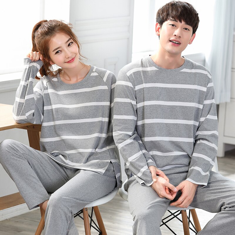 Conjunto de pijamas de pareja para hombre y mujer, ropa de dormir suelta de algodón de de manga larga, para el hogar,