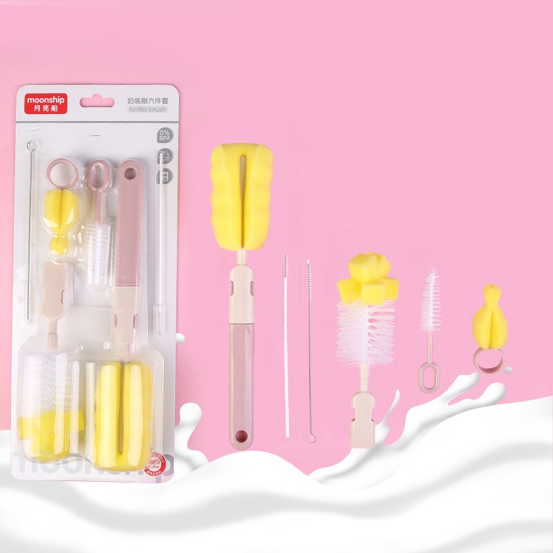 6- teiliges einstellen babyflaschenreiniger mit 360- grad-drehung, tragbar, aus Nylon und schwamm, reinigungszubehör für babyflaschen.