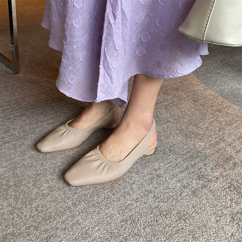 Meotina kvinnor pumps veckade lågklackade slingbacks skor fyrkantig tå blockklackar klänning kvinnliga skor sommar aprikos beige 34-39