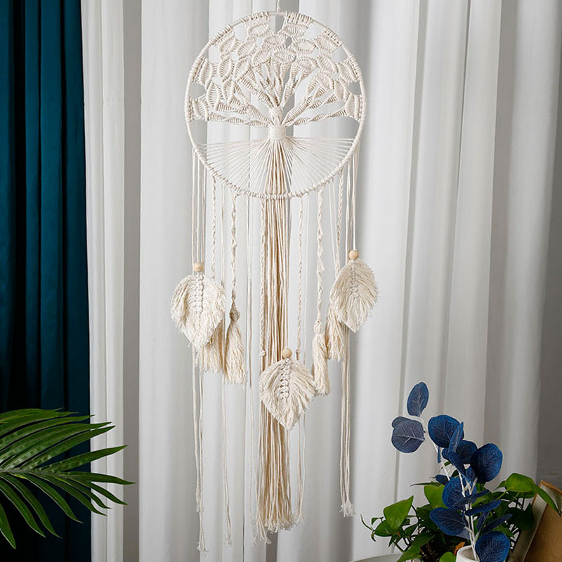 Livets träd drömfångare boho beige tofsar makrame hantverk handgjorda vägghängande bröllop hem sovrum dekoration drömfångare