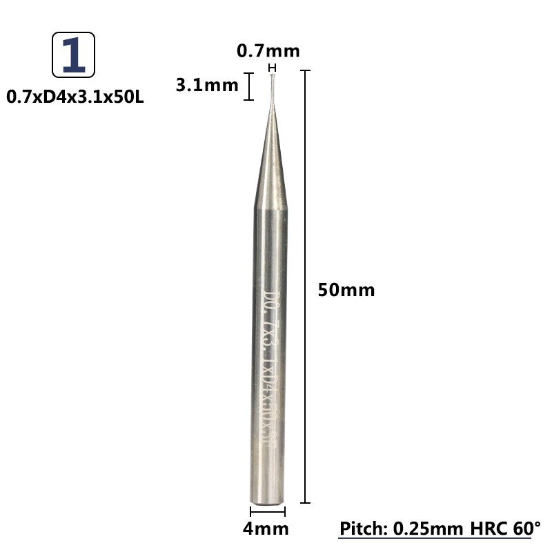Xcan 1pc p0.25-p0.8 4mm skaft hårdmetall pinnfräs cnc fräs engängad pinnfräs: P0.25 x 0.7 xd 4 x 3.1 x 50l