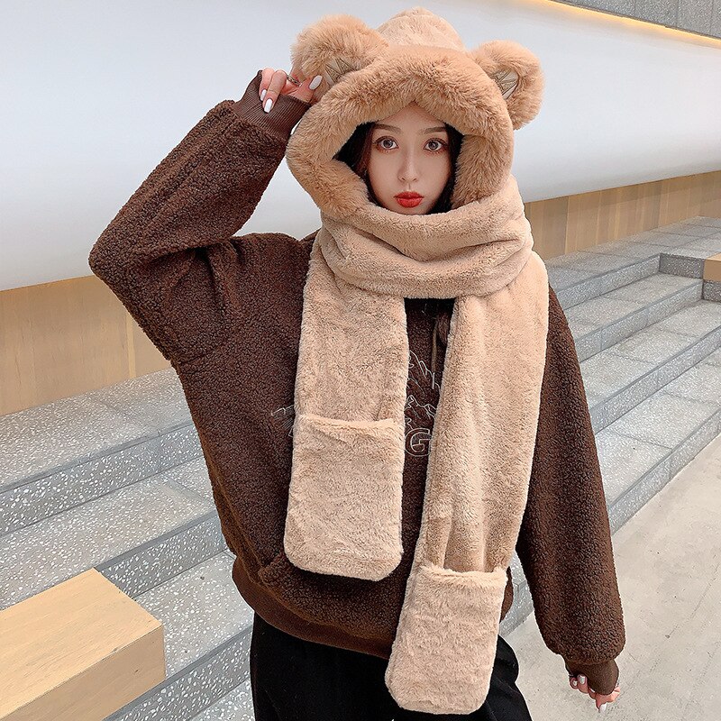 Bear Hat Scarf Big Bear Ear Scarf Hat One Female Winter Cute Plush Scarf Warm Thick Hat: Green