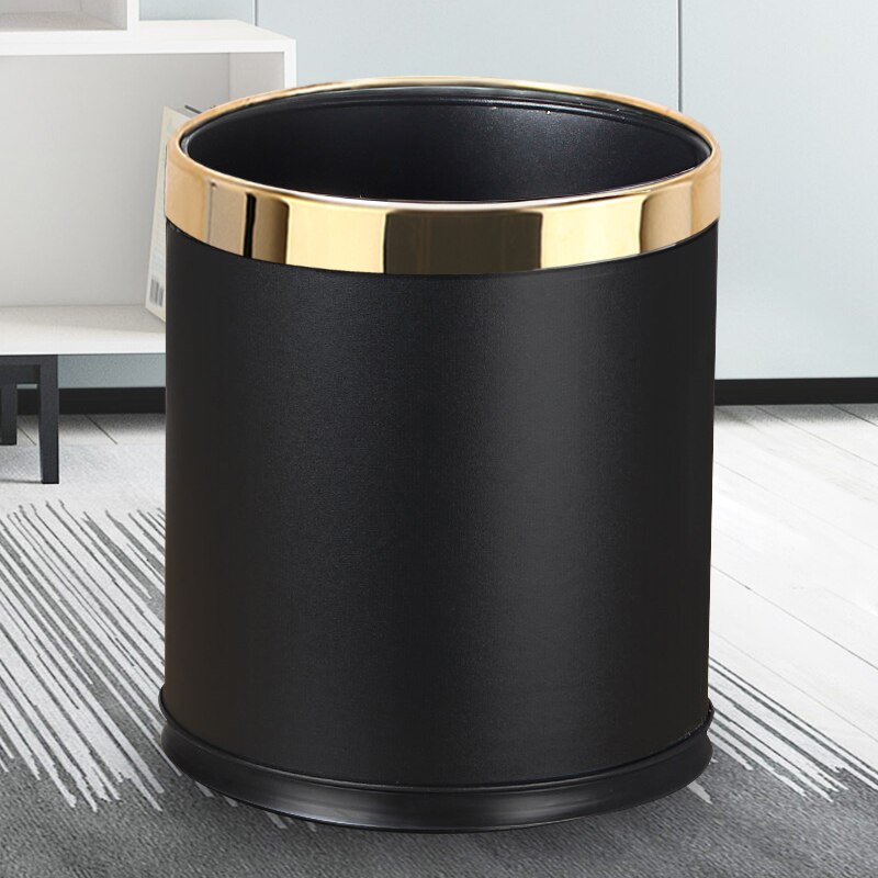 Poubelle de luxe en métal avec couvercle en cuir | Poubelle de bureau ouverte à Double couche de forme ronde: Black gold ring