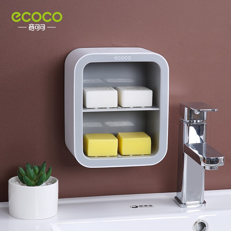 ECOCO Double Drawer Wall Mounted Soap Dish Box Bathroom Shower Soap Holder Tray Storage Rack Shelf Bathroom Accessories: Double Grey