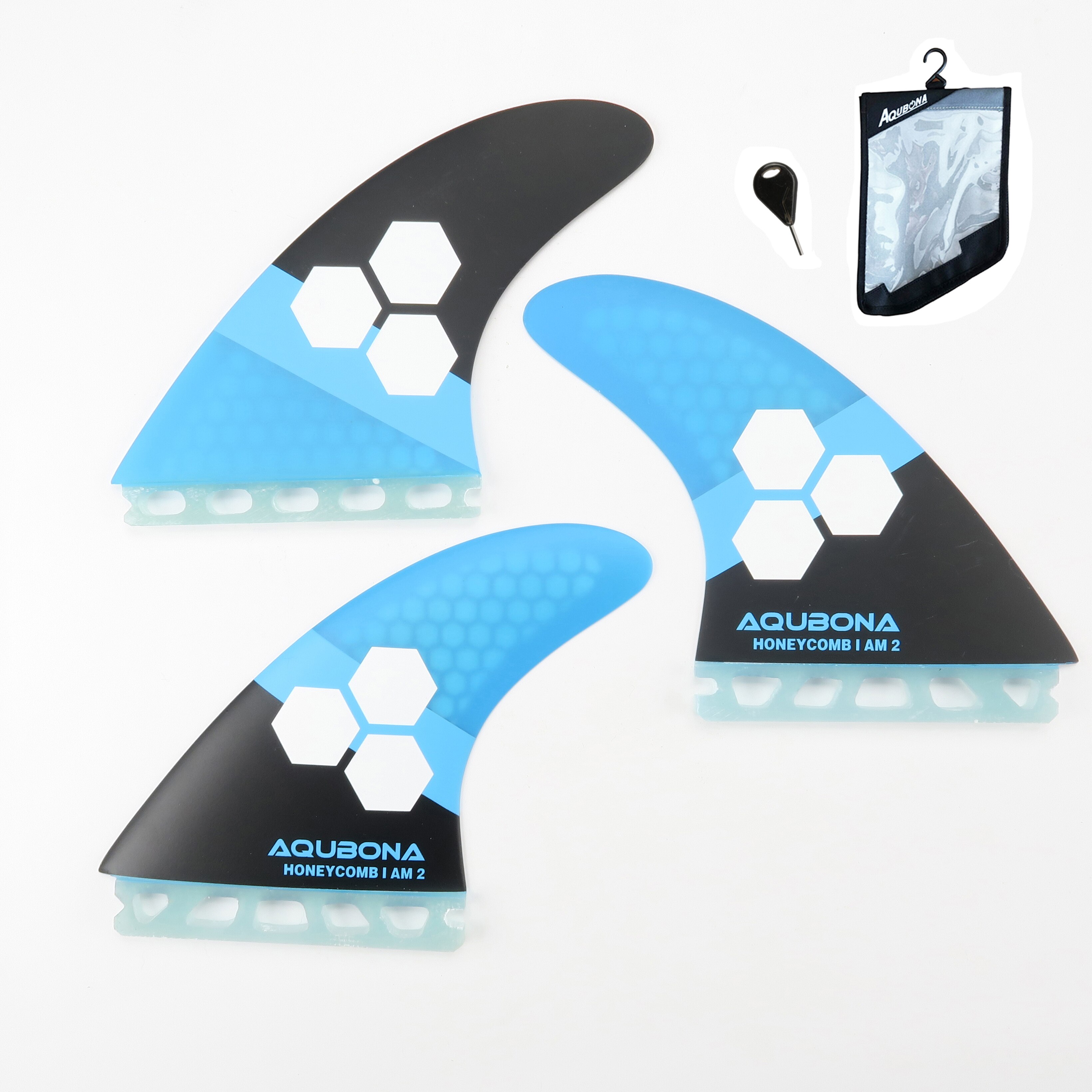 Aletas de fibra de vidrio para tabla de surf, doble pestaña, con bolsa de aleta, llave de aleta (Juegos pequeños, medianos, grandes): blueC-key-bag