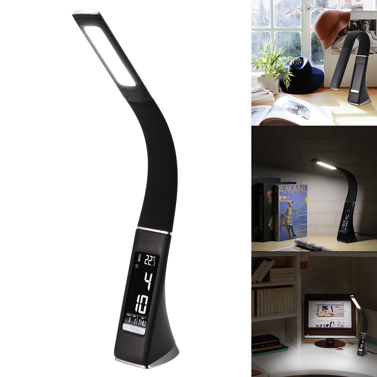 Flexible LED Desk Lamp Rechargeable Eye Protection Touch Dimmable Reading Lamp With Calendar Temperature Alarm Clock for Office