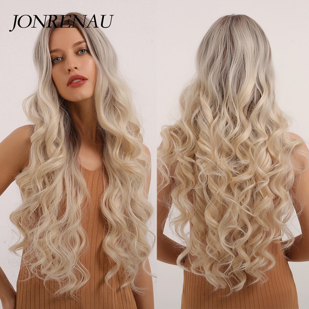JONRENAU Long Synthetic Natural Wavy Dark Brown Hair Wig with highlight for White /Black women Daily Wear Wigs: lc283