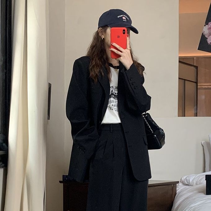 Blazers negros de primavera para Mujer, trajes elegantes de oficina informales de estilo coreano, con cuello de muescas único, versátiles y Chic: Negro / XL