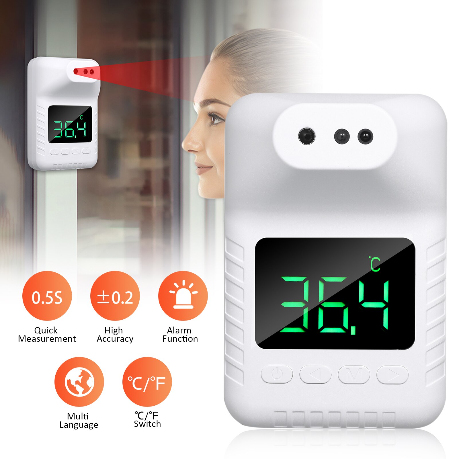 Forehead Thermometers Digital Temperature Non-contact Infrared Thermometer Wall-Mounted Automatic Fever Alarm LCD Display