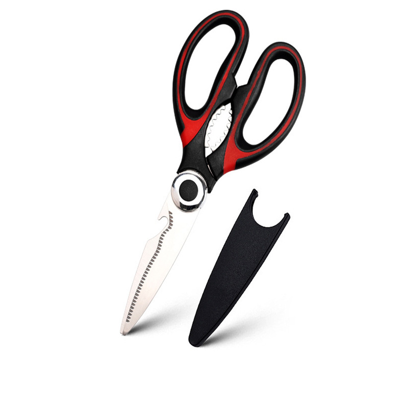 Multifunctional Stainless Steel Household Kitchen Scissors ChickenBone Scissors Barbecue Strong Kitchen Scissors Food Scissors: red
