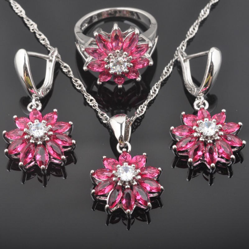 Zilveren sieradenset voor dames, trouwketting, oorbel, ring, hemelsrode zirkonia, kristallen bloem, kostuumsets  qz0435