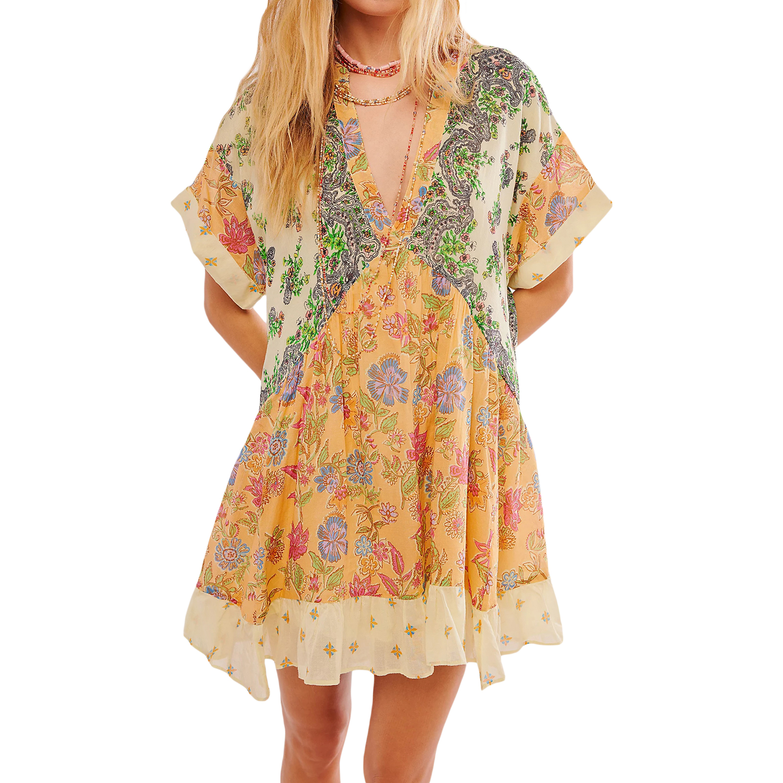 Kvinners sommer babydoll-kjole bohemsk blomstertrykk kortermet v-hals flagrende kjole med lommer fritids-retro: S / Gul
