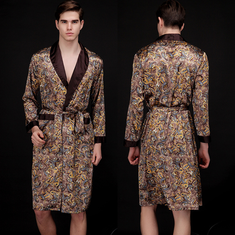 Mannen Zomer Herfst Kimono Badjas Zijde Satijn Gouden Draak Lange Badjas Kamerjas Knielengte Zwarte Nachtkleding: XL / Khaki