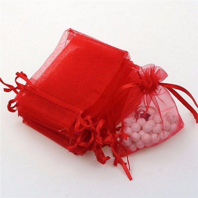 50 sztuk (13x18cm)Organza opakowanie na biżuterię upominek cukierki wesele Goodie pakowanie sprzyja ciasto słodycze woreczki torby obecne: Czerwony