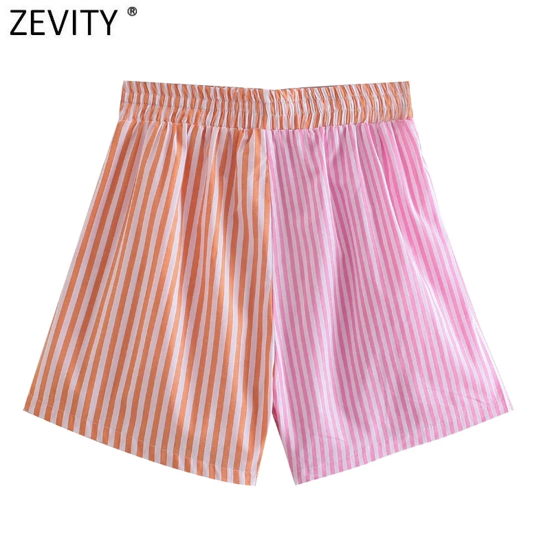 Zevity vrouwen mode patchwork gestreepte print casual bermuda shorts dames chique elastische taille zomer pantalone cortos p1086