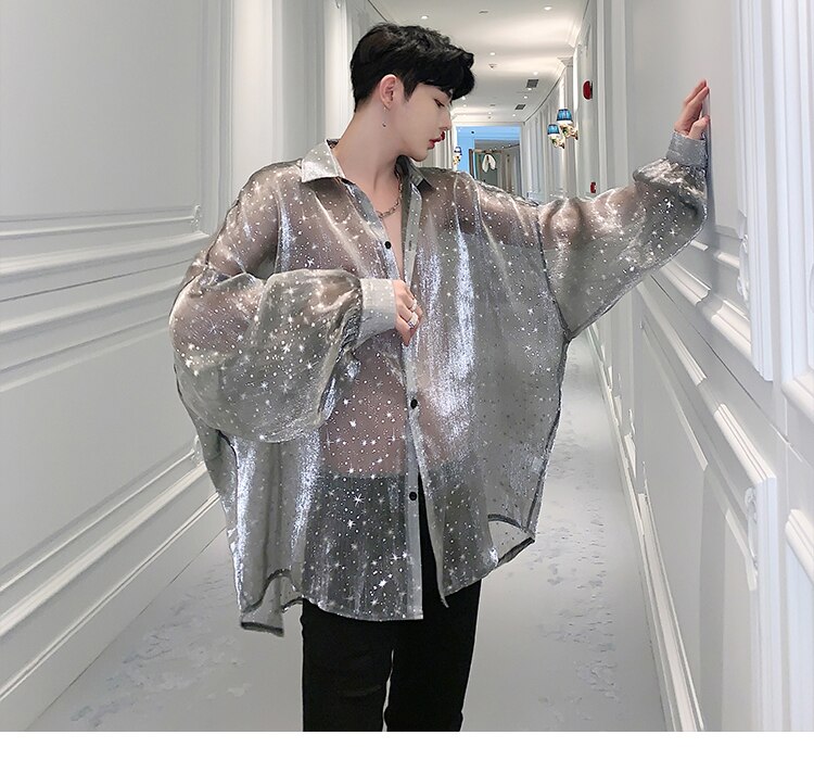 Male Streetwear Hip Hop Punk Gothic Party Night Club Shirt Men Bat Long Sleeve Star Transparent Oversize Loose Casual Shirts