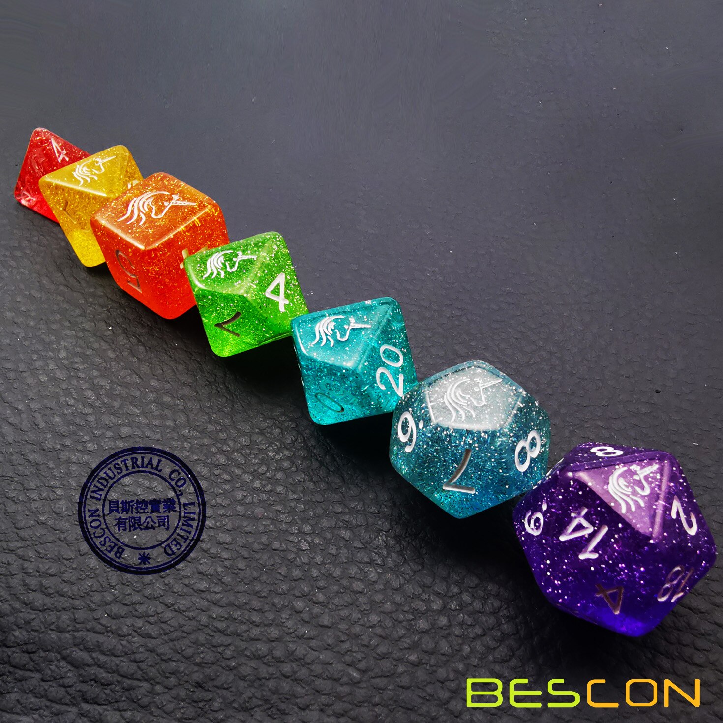 Bescon Unicorns Rainbow Sparkled Polyhedral D&D Dice Set of 7 Colorful RPG Role Playing Game Dice 7pcs Set