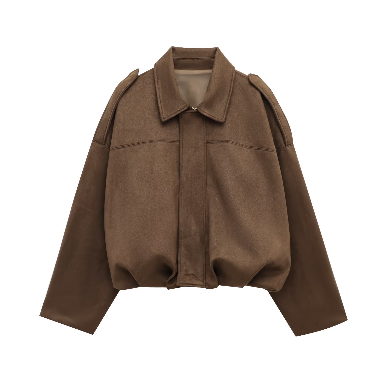 Chaqueta bomber de ante sintético de gran tamaño para mujer de ZBZA, con solapa con textura de ante, mangas largas de murciélago y dobladillo plisado, chaqueta bomber holgada, nueva prenda exterior vintage para mujer: S / Beige