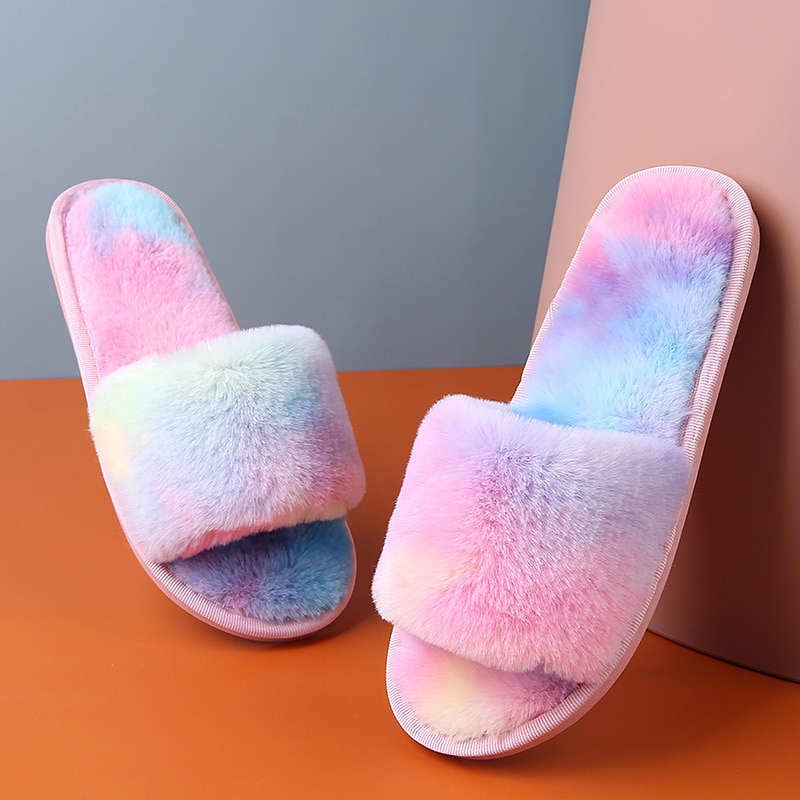 Kids Home Slippers Girls Slides Home Flop Flip Winter Fur Soft Girls For Children Shoes Plush Outdoor Parent-child Shoes