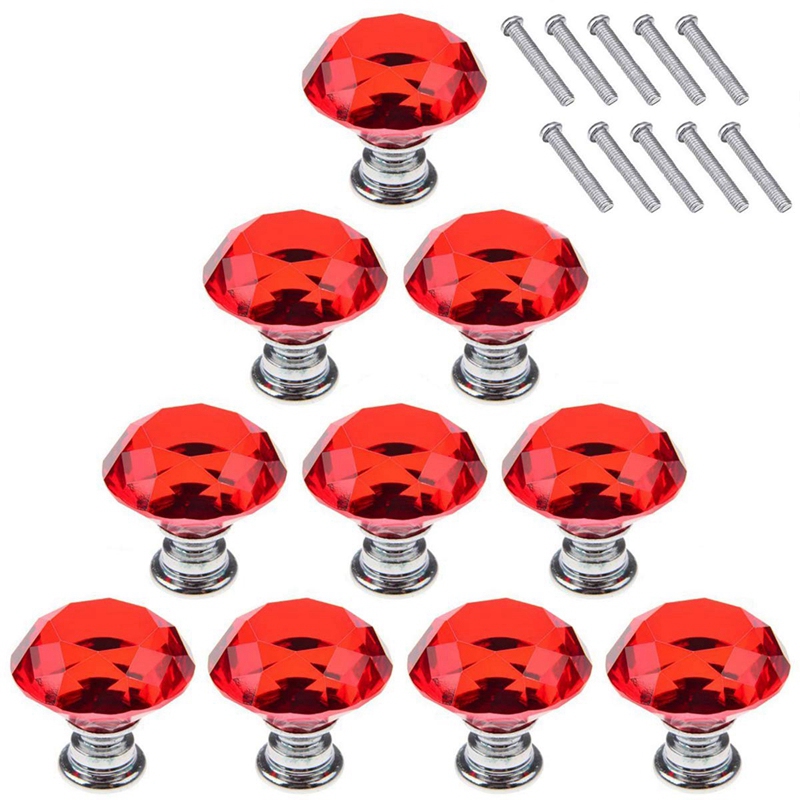 Big Red 10Pcs 30mm Crystal Glass Cabinet Knobs Diamond Shape Drawer Kitchen Cabinets Dresser Cupboard Wardrobe Pulls Handle