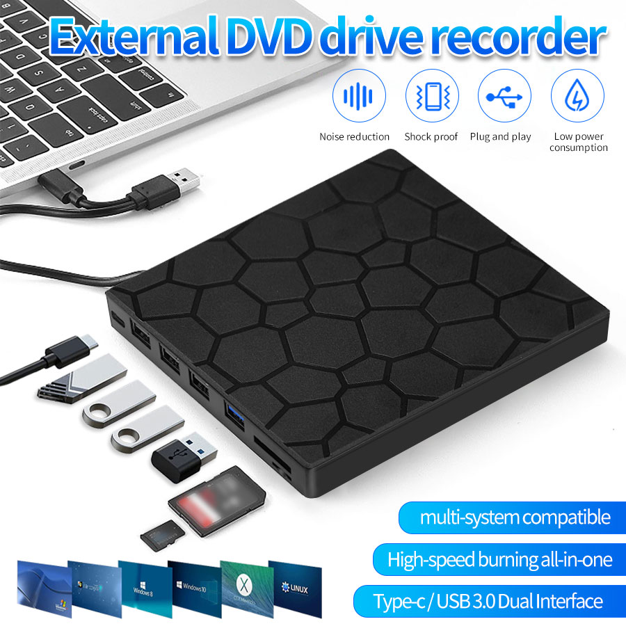 Portable DVD Player 7 in 1 External CD/DVD Drive USB 3.0 Type C CD Burner External Disk Drive for Desktop Mac Windows Linux