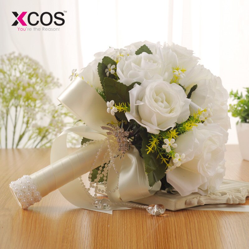 XCOS Kunstmatige Witte Bloem Boeket Bruidsboeket de mariage Handgemaakte Bladeren Parel Bloemen Bruidsmeisje Bruidsboeketten