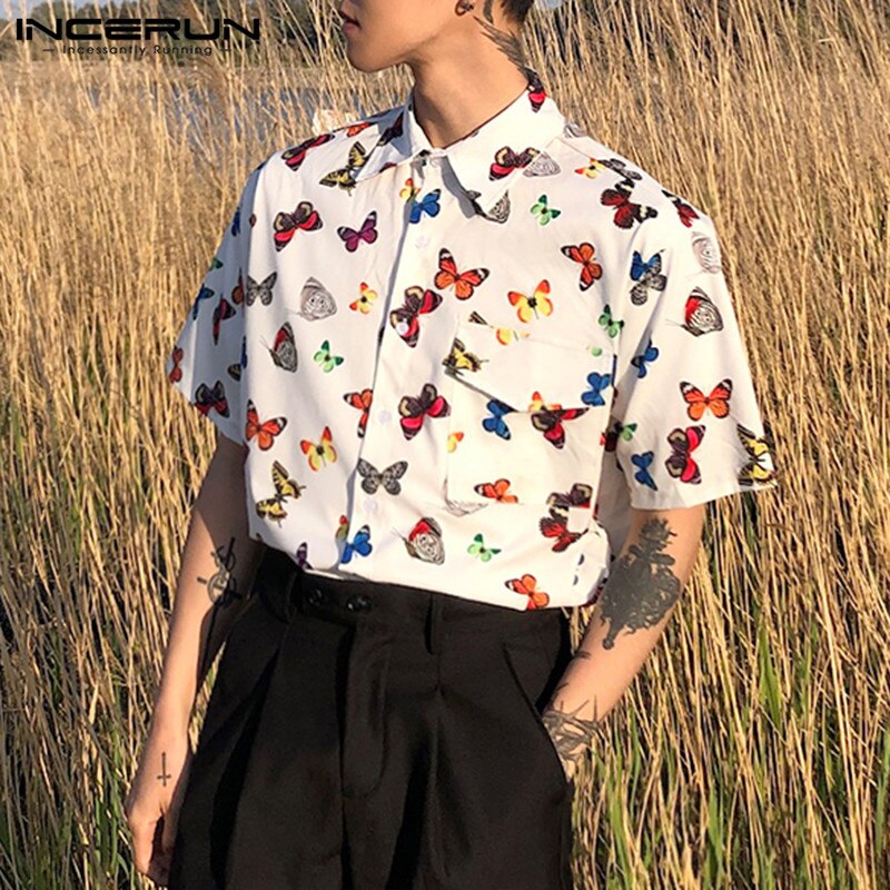 INCERUN homme motif papillon imprimé chemise été hommes manches courtes revers chemises décontractées amples confortable Blusas Hombre hauts 3XL