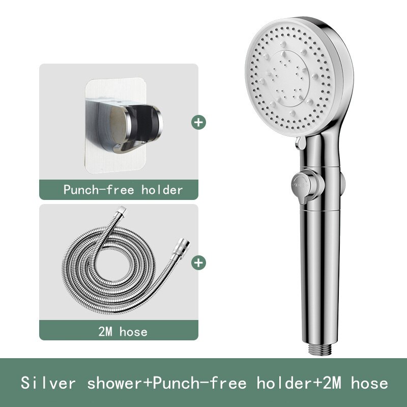 high pressure black shower head 5 functions with switch on/off button spray Water Saving Shower Adjustable Bath shower: Silver set 5