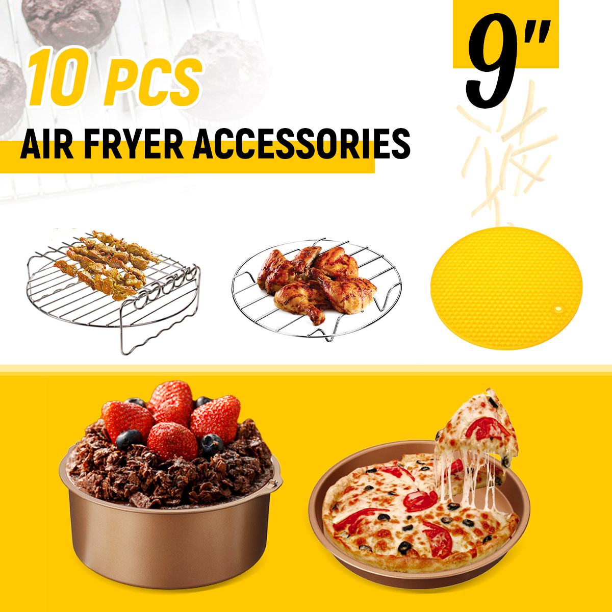 5 stk 9 " non-stick silikonemåtte airfryer tilbehør kage fad pizza pande metal holder spyd rack til 5.3-6.8qt air fryer