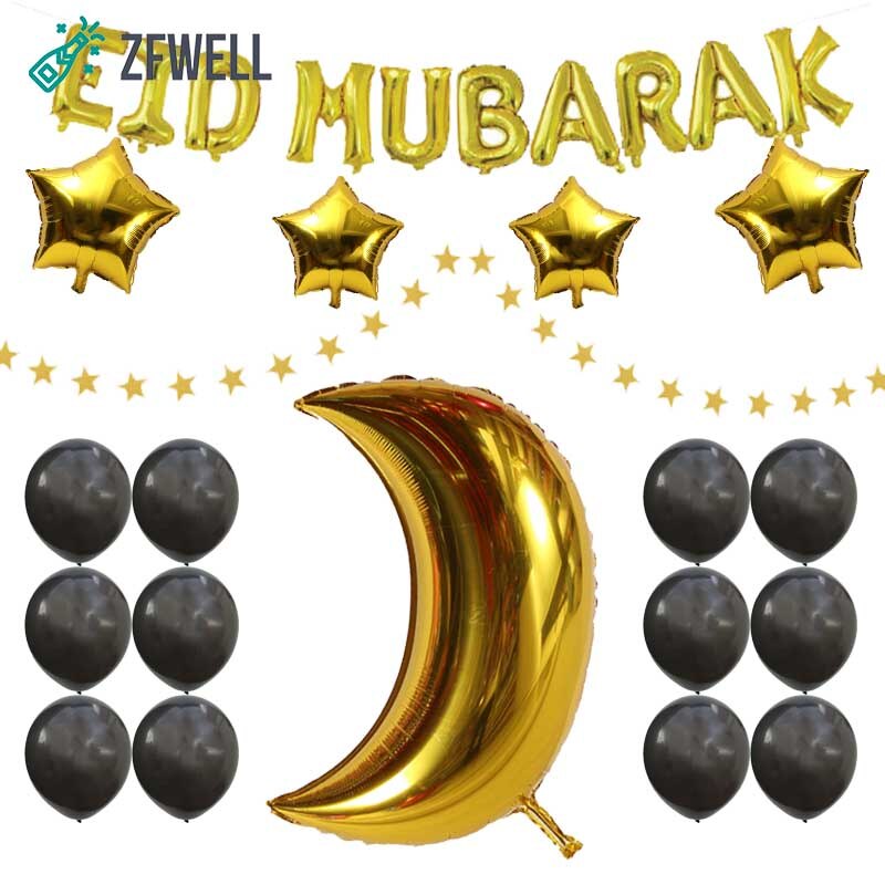 ZFWELL 26pz 16 inch goud "EID MUBARAK" brief aluminium film maan ballon vijfpuntige ster ballon vlag set Eid party party dec8