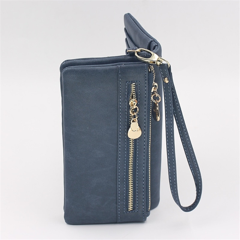 Women Wallets Dull Polish Leather Wallet Double Zipper Day Clutch Purse Wristlet Portefeuille Handbags Carteira Feminina